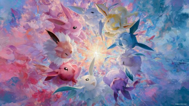 Eevelelution wall art, A stunning artistic representation of the eight Eeveelutions surrounded by a dreamy, whimsical background,.