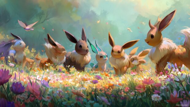 Eevelelutions wallpapers HD, An enchanting scene displaying each Eeveelution interacting playfully in a vibrant meadow filled with flowers,.