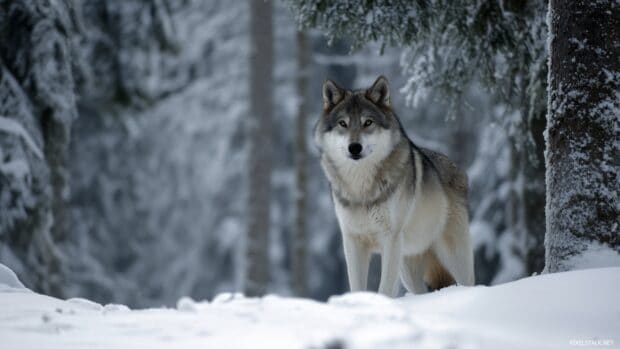 Elegant HD wolf desktop backgrounds with a lone wolf roaming through a snowy forest.
