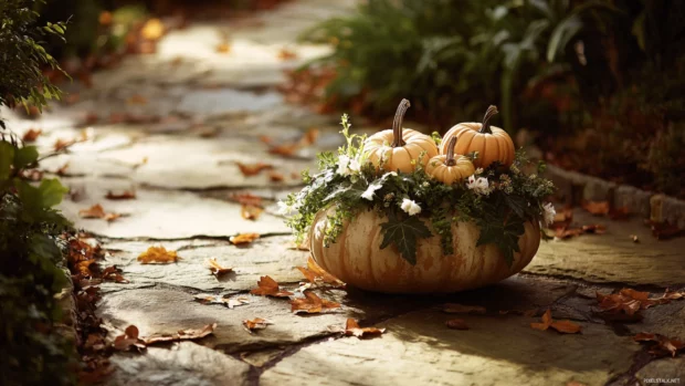 Elegant Pumpkin arrangement on a stone pathway, surrounded by fallen leaves and soft ambient shadows.