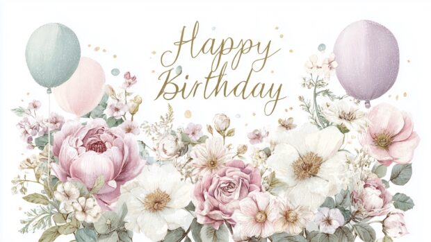 Elegant happy birthday wallpaper hd design with soft pastels and delicate floral arrangements.