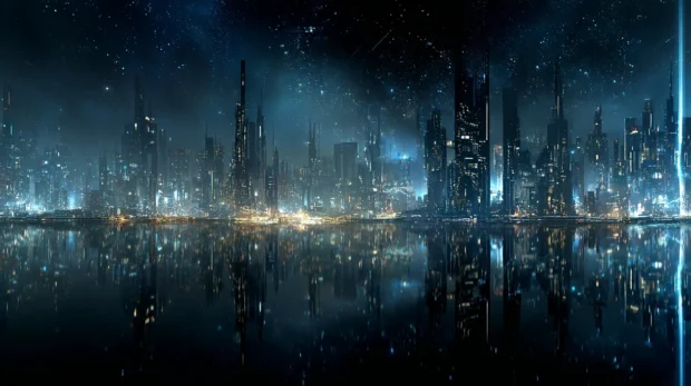 Elegantly composed Free HD Wallpaper Background for Windows depicting a futuristic city skyline illuminated at night, full of dazzling lights and reflections.