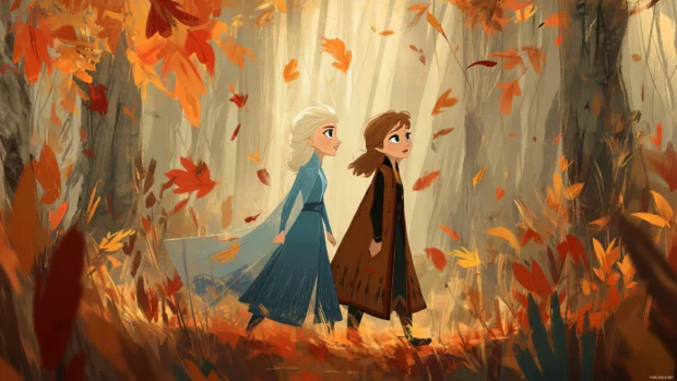 Elsa and Anna walking through an autumn forest with warm leaves swirling gently around them.