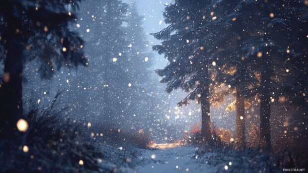 Enchanting snowfall wallpapers HD depicting a quiet forest scene where snowflakes dance through the air.