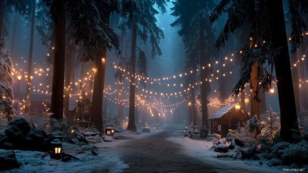 Enchanting winter forest with twinkling lights strung between trees for free festive wallpapers download.