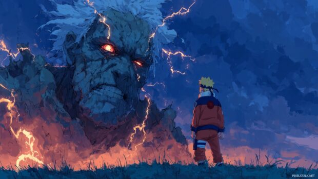 Epic Naruto Scene Wallpaper, A dramatic representation of Naruto facing off against a legendary villain with dark skies and intense action.