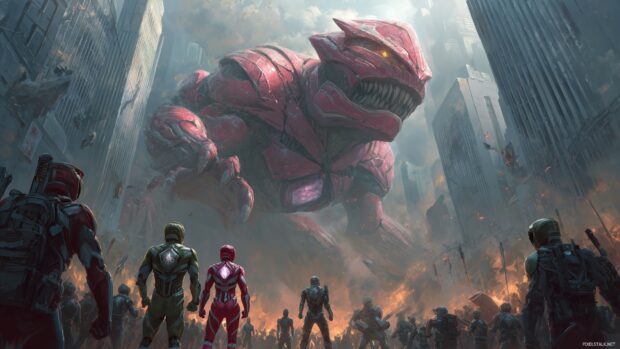 Epic Power Rangers background wallpapers with a battle against villainous monsters in a cityscape.