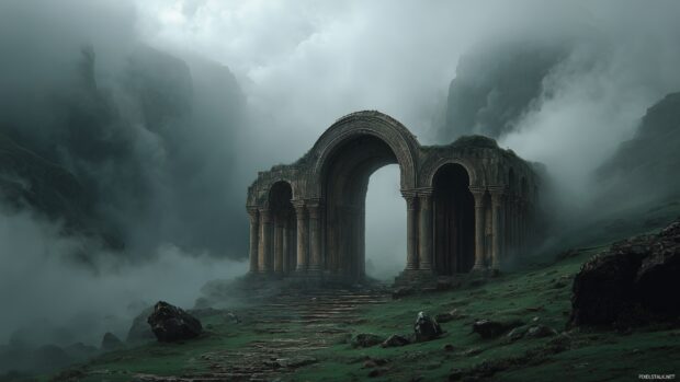 Epic backgrounds of ancient ruins shrouded in mist and mystery.