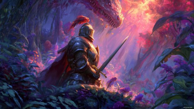 Epic hero wallpaper for desktop, A fearless knight in shining armor, preparing for battle against a dragon in a mystical forest filled with vibrant colors.