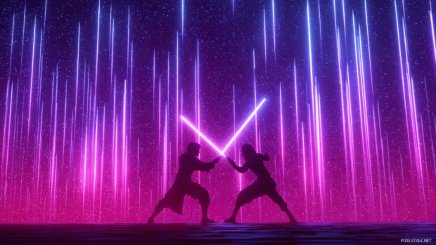 Epic lightsaber duel illuminated by neon beams in a star wars.