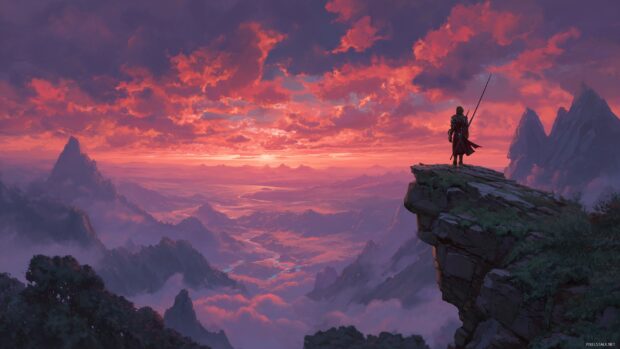 Epic wallpaper for desktop, A breathtaking view of a heroic warrior standing atop a cliff, overlooking a vast fantasy landscape with mountains and a glowing sunset.