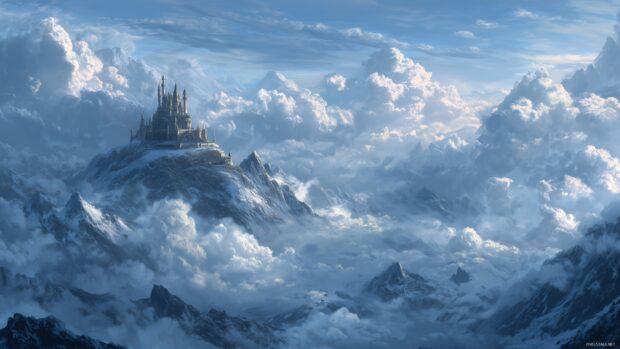 Epic wallpaper for desktop, A majestic castle perched on a mountain peak, surrounded by epic clouds and a magical aura emanating from its towers.