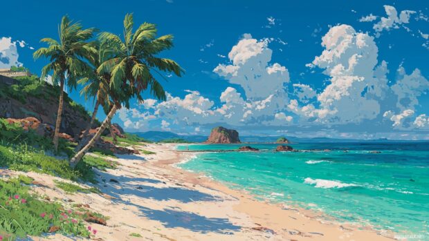 Exotic tropical beaches showcased in vibrant anime backgrounds 1080p.