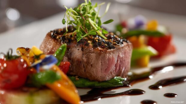Exquisite food images HD of a culinary masterpiece plated artistically in a fine dining setting.