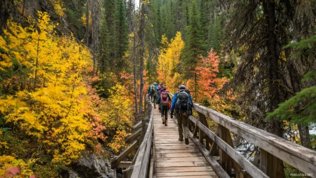 Fall adventure through mountain trails with hikers crossing wooden bridges under colorful canopies.