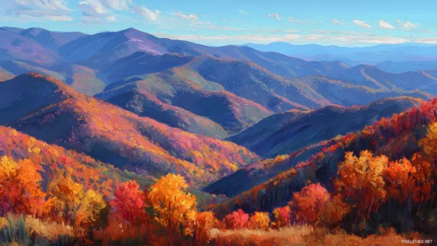 Fall colors painting the mountain ridges with fiery hues, rolling hills and crisp blue skies in the background.