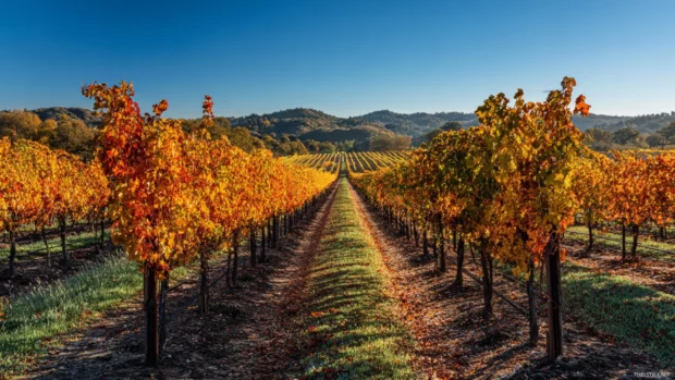Fall desktop wallpaper showing sunlit vineyard rows turning amber under clear blue sky in late autumn.