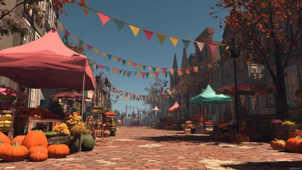 Fall festival in a small town square with pumpkins, market stalls and colorful decorations in a lively 3D setting.