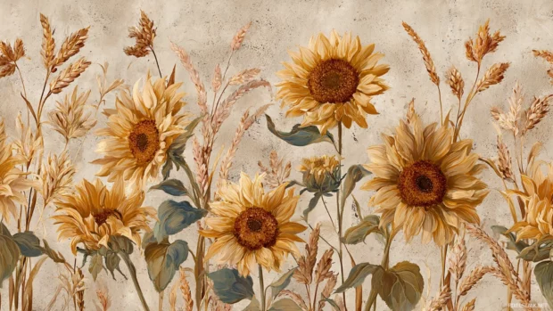 Fall floral wallpaper composed of layered watercolor sunflowers and dried grasses on textured canvas.