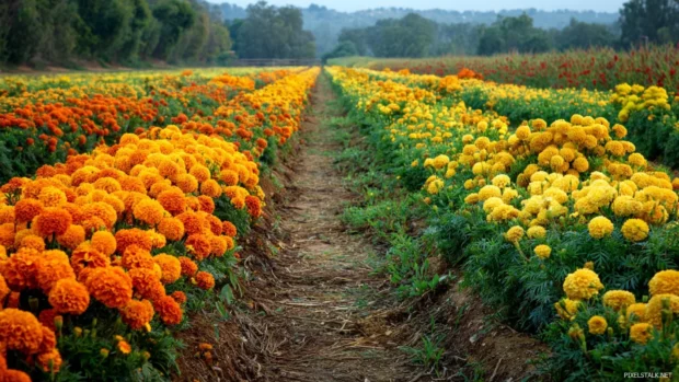 Fall flower field wallpaper depicting sweeping rows of golden marigolds beside autumn harvest pathway.
