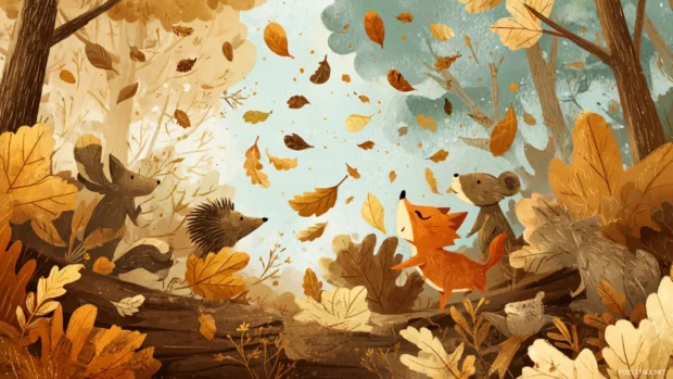 Fall forest animals playing among falling leaves in a childrens storybook illustration style.