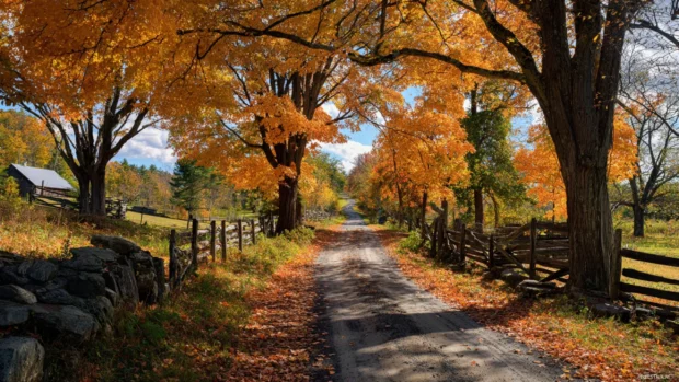 Fall in New England with vibrant maple trees, winding country roads and rustic fences under soft sunlight.