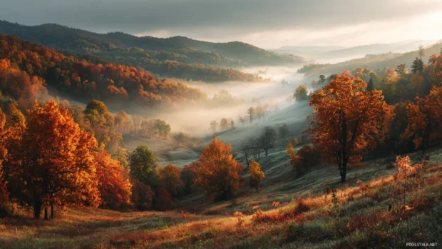 Fall landscape wallpaper showing a mountain valley with vibrant maple leaves, early morning mist and gentle sunlight.