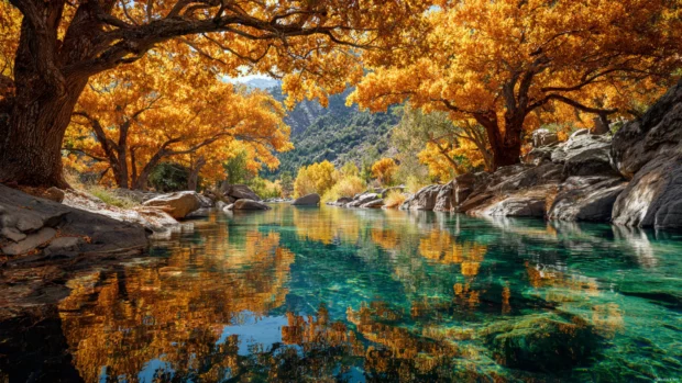 Fall landscape with golden maple trees and a crystal clear lake reflecting the colors in 4K ultra detailed clarity.