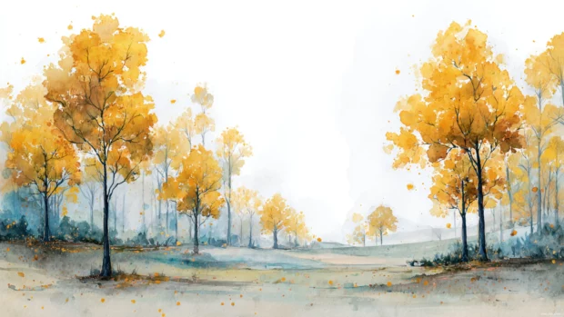 Fall landscape with golden trees, crisp air and scattered leaves in a dreamy watercolor style.