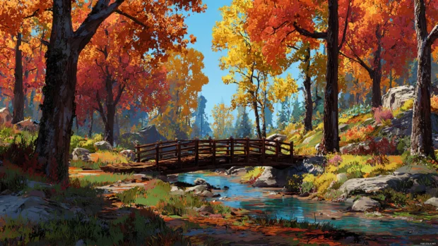Fall landscape with tall maple trees and a charming wooden bridge, captured in realistic 3D illustration.