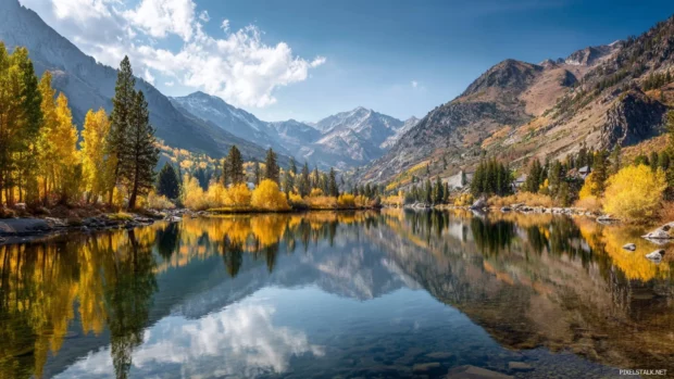 Fall mountain background depicting tranquil alpine lake reflecting golden foliage and crisp sky.