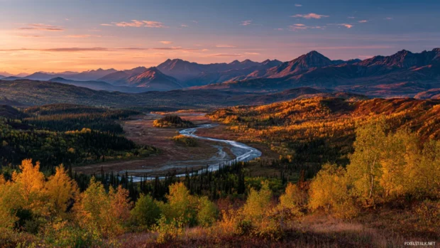 Fall mountain landscape with golden trees, a winding river and distant peaks glowing under the sunset sky.