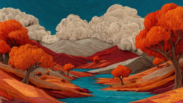 Fall mountain landscape with layered orange and red trees, detailed clouds and flowing streams in 3D art.