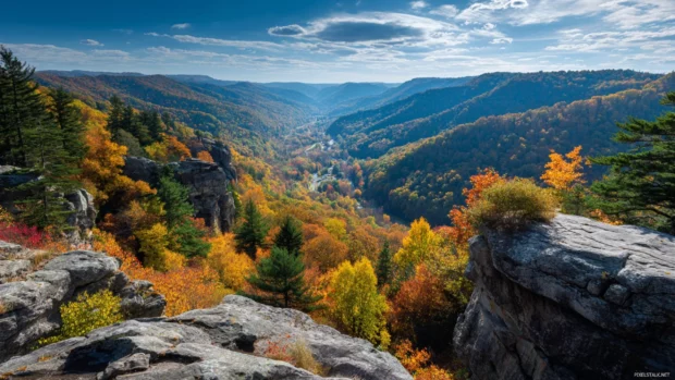 Fall mountain view from a high cliff overlooking colorful forests, deep valleys and distant peaks.