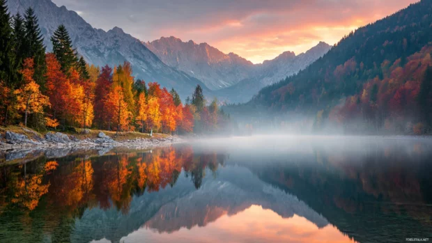 Fall mountain wallpaper with colorful autumn trees lining a misty mountain lake under pastel sunrise glow.