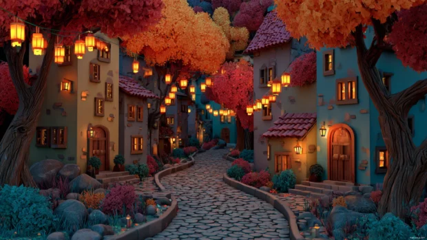 Fall pathway winding through a village with charming houses, colorful trees and lanterns in 3D illustration.