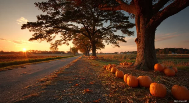Fall pumpkin HD wallpaper portraying a serene landscape of pumpkins lining a country road in sunset light.