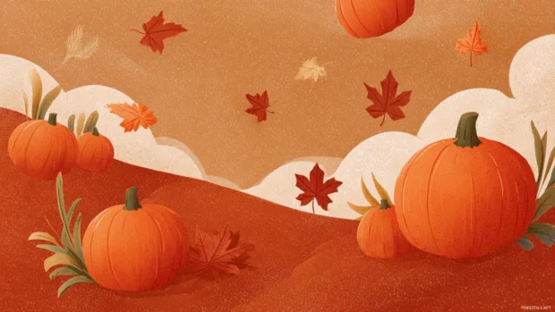 Fall pumpkin desktop background featuring pumpkin illustrations and autumn leaves floating across a burnt orange field.
