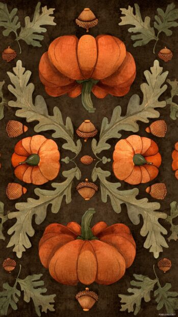 Fall pumpkin iphone wallpaper designed as symmetrical motif tile of pumpkins and acorns on earthy brown canvas.