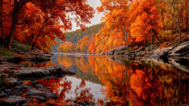Fall reflections on a still river with vivid orange and red leaves along the banks, ultra realistic 4K.