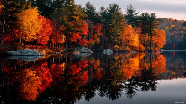 Fall scenery desktop wallpaper illustrating serene lake reflecting autumn trees in peak foliage season.
