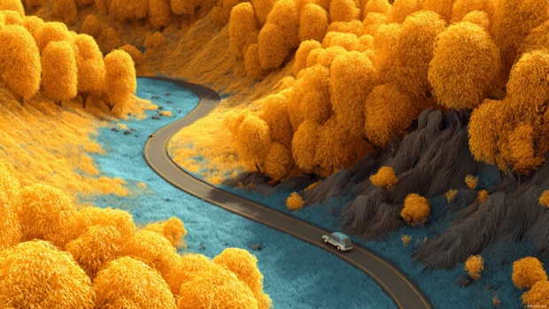 Fall scenery featuring a golden forest and winding road in a vibrant 3D art style.