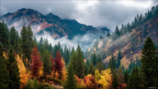Fall scenery in the Pacific Northwest with evergreens mixed with fiery autumn hues and mountain views.