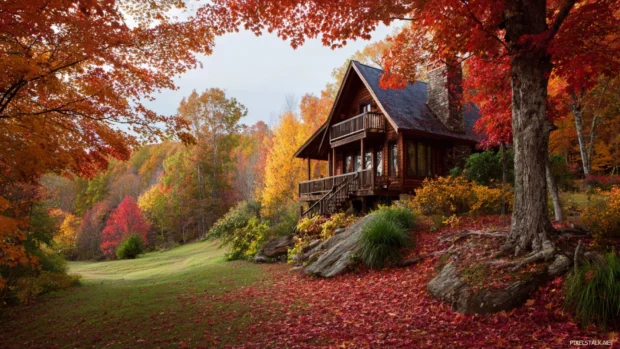 Fall scenery wallpapers overlaying stunning views of a cozy cabin nestled among fall foliage.