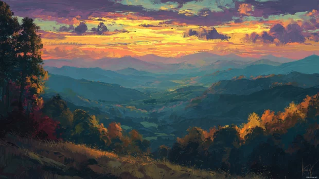Fall sunset over a mountain valley with layered foliage and dreamy lighting in impressionist brushstrokes.