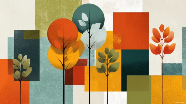 Fall theme with geometric tree shapes and bold color blocks in a retro mid century modern style.