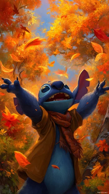 Fall trees in full color surrounding Stitch as he gazes at the falling leaves with a joyful smile.