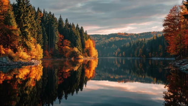 Fall wallpaper 4k hd depicting reflective lake calm water surrounded by dense fall forest at dawn.