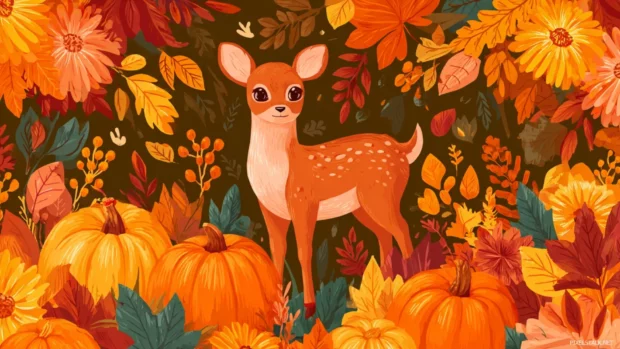 Fall wallpaper depicting chibi deer standing among pumpkins and colorful leaves in flat style.