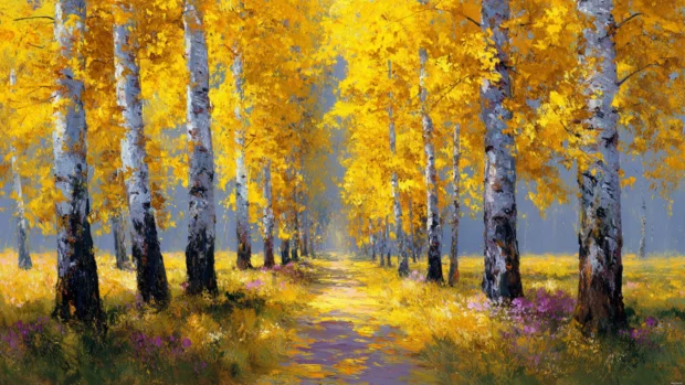 Fall wallpaper hd style applied to wide frame with forest path lined by towering golden birch trees.